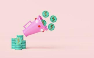 megáfono o mano altavoz con dólar monedas pilas aislado en rosado fondo.online compras, negocios estrategia concepto, 3d ilustración o 3d hacer foto