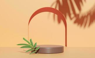 3d brown cylinder stage podium empty with shadow, blue sky, abstract geometric cosmetic showcase pedestal orange background. minimal modern scene, 3d render illustration photo