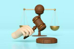 3d wooden judge gavel, hand holding hammer auction with justice scales, stand isolated on blue background. law, justice system symbol concept, 3d render illustration photo