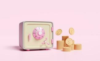 Safe box full of coins stack isolated on pink background.investment,saving money,business banking finance concept,3d illustration or 3d render photo