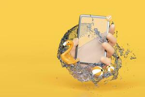3d hand holding smartphone with water splash, flamingo isolated on yellow background. hand using mobile phone, online shopping, summer travel vacation concept, 3d render illustration photo