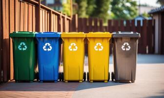 Different Colored Waste Bins, Recycling and Separating Different Types of Garbage Concept. photo