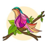 Hand drawn vector illustration of a colorful bird sitting on a branch.