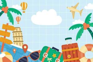 Travel destination vector background and template design with travel destinations and famous landmarks and attractions for tourism. Let's go travel vector illustration.