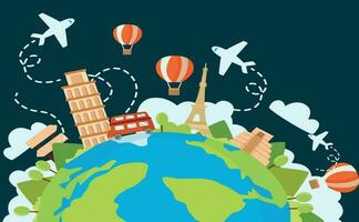 Travel destination vector background and template design with travel destinations and famous landmarks and attractions for tourism. Let's go travel vector illustration.