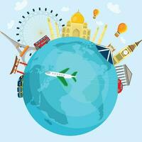 airplane and time to travel banner. travel around the world. landmarks on the globe. Tourism trip concept. Journey in Vacation. Vector illustration modern flat design.