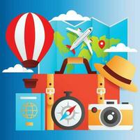 Travel time vector background design. Time to travel text with 3d gold pin icon and hot air balloon in globe element for international fun and enjoy travelling. Vector illustration.