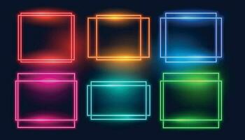 Set of three neon square frames with shining effects on dark background. Empty glowing techno backdrop. Vector illustration.