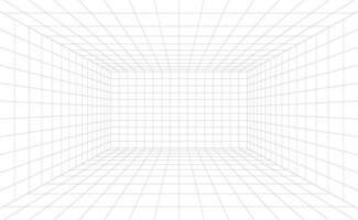 3d wireframe grid room. 3d perspective laser grid 16 9.. Cyberspace blue background with white mesh. Futuristic digital hallway space in virtual reality. Vector illustration.