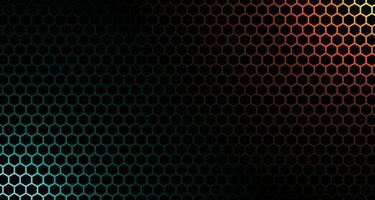 Dark hexagon abstract technology background with blue and pink colored bright flashes under hexagon. Hexagonal gaming vector abstract tech background.