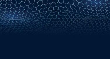 Dark blue technology hexagonal vector background. Abstract blue bright energy flashes under hexagon in navy blue technology, modern, futuristic vector illustration. Blue honeycomb texture grid.