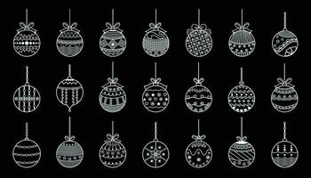 Different circle Christmas ball with ornament, doodle shape, hand draw line sketch. Toy for Christmas tree set. Vector illustration