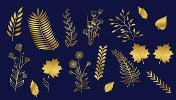 Gold branch leaf element set. Hand drawn sketch doodle golden leaves floral element for wedding background, elegant design. Vector illustration.