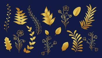 Gold branch leaf element set. Hand drawn sketch doodle golden leaves floral element for wedding background, elegant design. Vector illustration.