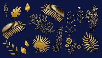 Gold branch leaf element set. Hand drawn sketch doodle golden leaves floral element for wedding background, elegant design. Vector illustration.