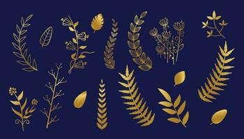 Gold branch leaf element set. Hand drawn sketch doodle golden leaves floral element for wedding background, elegant design. Vector illustration.