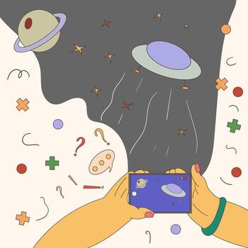 hands hold the phone and take a video of a UFO flying at night in space, a flat color contour drawing in the corporate Memphis style vector