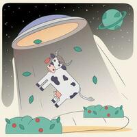 A ufo kidnaps an animal cow for experiments and study, a color flat drawing in the corporate Memphis style vector