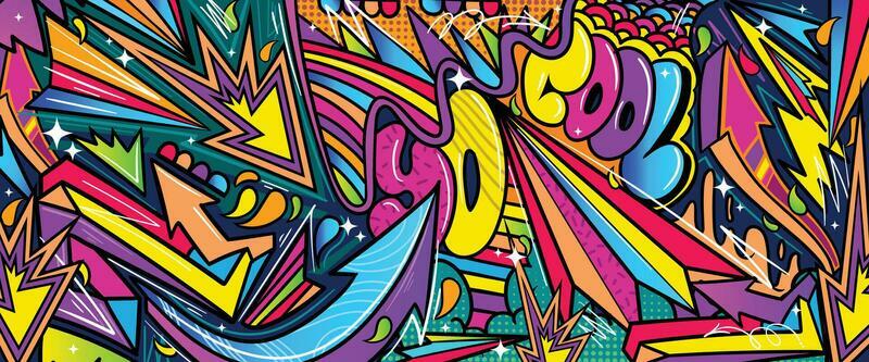 Graffiti doodle art background with vibrant colors hand-drawn style. Street art graffiti urban theme for prints, banners, and textiles in vector format
