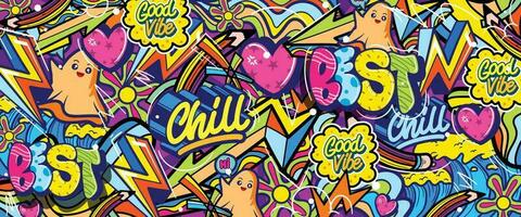 Graffiti doodle art background with vibrant colors hand-drawn style. Street art graffiti urban theme for prints, banners, and textiles in vector format