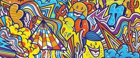 Graffiti doodle art background with vibrant colors hand-drawn style. Street art graffiti urban theme for prints, banners, and textiles in vector format