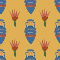Ancient Egyptian themed vector seamless pattern with vases and lotus flowers on yellow