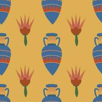 Ancient Egyptian themed vector seamless pattern with vases and lotus flowers on yellow