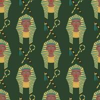 Ancient Egyptian themed vector seamless pattern with a queen and sceptres on dark green