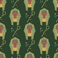 Ancient Egyptian themed vector seamless pattern with a queen and sceptres on dark green