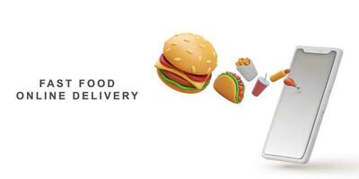 3d realistic Fast food online delivery on white background. Vector illustration.