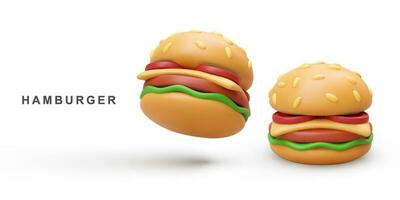 3d two Hamburger on white background. Vector illustration.