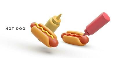 3d realistic two Hot Dog and ketchup, mustard ketchup on white background. Vector illustration.