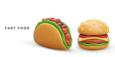 3d realistic Hamburger and Taco. Vector illustration.