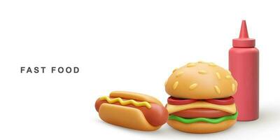 3d realistic Hot Dog, Hamburger and ketchup on white background. Vector illustration.