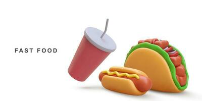 3d realistic Hot Dog, Taco and soda on white background. Vector illustration.