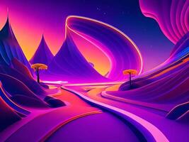 A surrealistic landscape, featuring a vibrant ultraviolet background with a glowing abstract shape, illuminated by curvy neon lines design elements created with generative AI technology photo