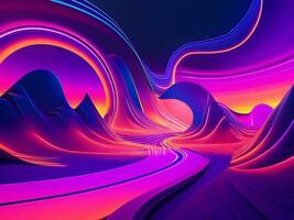 A surrealistic landscape, featuring a vibrant ultraviolet background with a glowing abstract shape, illuminated by curvy neon lines design elements created with generative AI technology photo