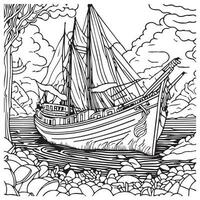 river in the ship line art for coloring book design vector