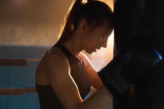 mujer yo defensa niña fuerza. fuerte mujer combatiente descansando después lucha formación en boxeo anillo. fuerte niña cansado después puñetazos boxeo bolsa. formación día en gimnasia. fuerza ajuste cuerpo rutina de ejercicio capacitación. foto