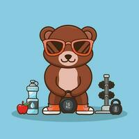 Mascot logo Bear lifting Kettlebell vector design. Cartoon logo, Bear Gym workout, cartoon style