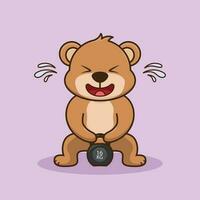 Cute Bear animal lifting Kettlebell vector design. Cute sticker, Gym Workout icon, cartoon style