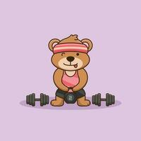 Adorable Bear lifting Kettlebell vector design. Gym Workout Icon, cute sticker, cartoon style