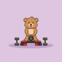 Adorable Bear lifting Kettlebell vector design. Gym Workout mascot, cute sticker, cartoon style