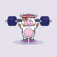 Cute Cartoon cow on a Fitness Journey with a barbells vector