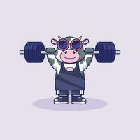 Cute cow Cartoon Illustration Powering Through barbells Lifts vector