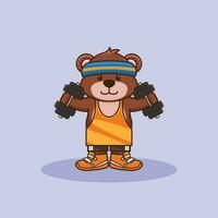 Cute mascot Bear lifting dumbbell, Cartoon mascot, Bear Gym workout, cartoon style vector