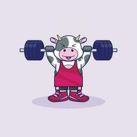 Cute cow Cartoon Illustration Rocking Fitness and barbells Lifting vector