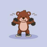 Cute mascot Bear lifting dumbbell, Cute sticker, Gym Workout logo, cartoon style vector