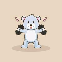 Cartoon Bear lifting dumbbell flat illustration. Cute Bear gym workout cartoon style vector