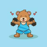 Cute Bear lifting dumbbell, Gym Workout Mascot Cartoon Vector Icon Illustration